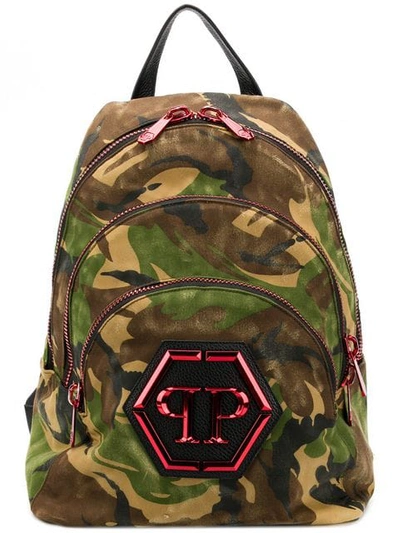 Shop Philipp Plein Camouflage Triple Zip Backpack In Brown