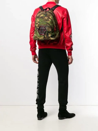 Shop Philipp Plein Camouflage Triple Zip Backpack In Brown