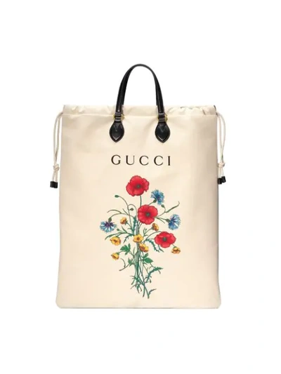 Shop Gucci Drawstring Tote With Chateau Marmont Print In Neutrals