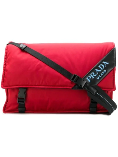 Shop Prada Logo Messenger Bag - Red