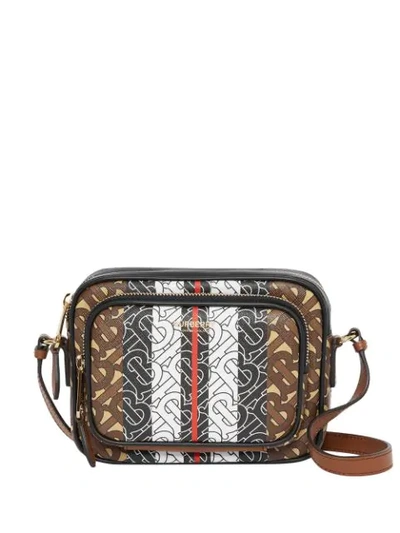 Shop Burberry Monogram Stripe E-canvas Camera Bag In Brown ,white