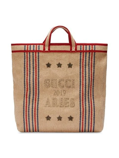 Shop Gucci Embroidered Tote Bag In Neutrals