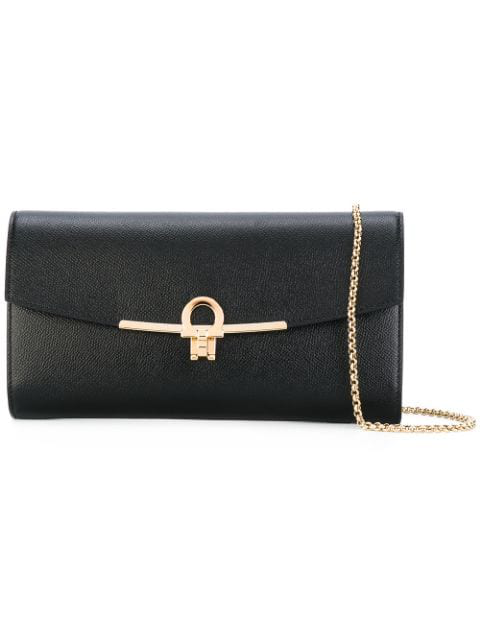 black leather clutch bag with chain