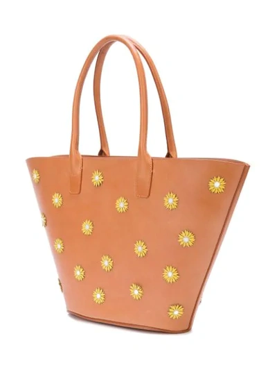 Shop Mansur Gavriel Floral Embellished Triangle Tote Bag In Brown