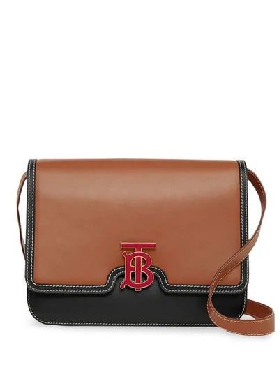 Shop Burberry Medium Two-tone Leather Tb Bag In Brown