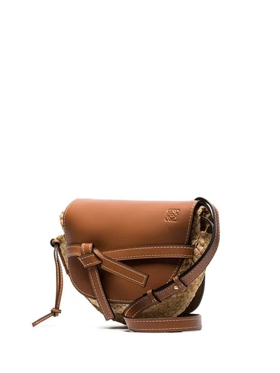 Shop Loewe Brown Gate Mini Leather And Raffia Shoulder Bag