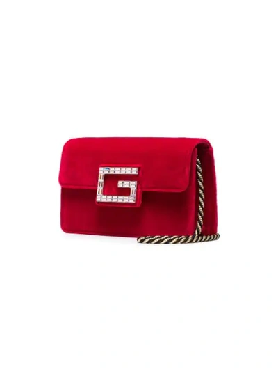 Shop Gucci Red Broadway Velvet Crystal G Shoulder Bag