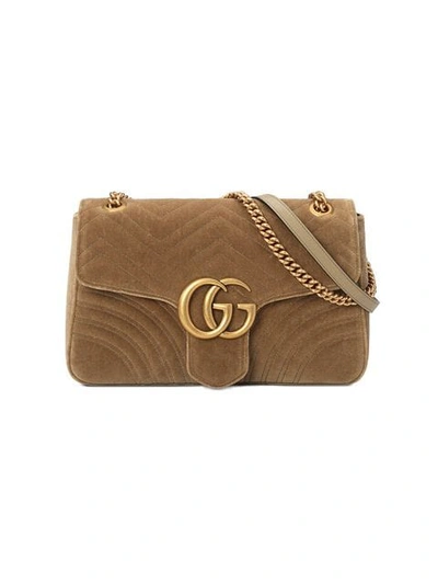 Shop Gucci Taupe Gg Marmont Velvet Medium Shoulder Bag In Brown
