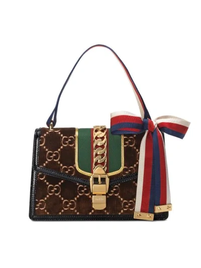 Shop Gucci Sylvie Gg Velvet Small Shoulder Bag In Brown