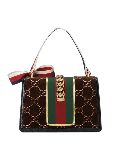 Shop Gucci Sylvie Gg Velvet Small Shoulder Bag In Brown