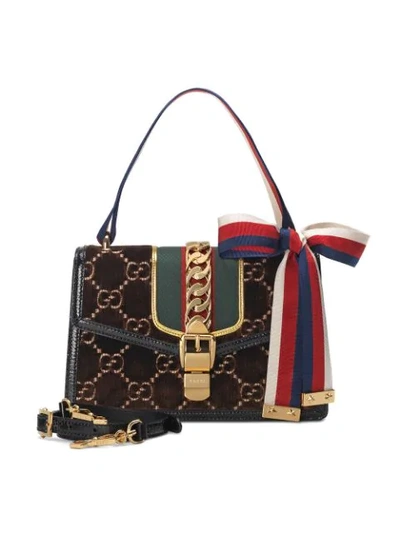 Shop Gucci Sylvie Gg Velvet Small Shoulder Bag In Brown