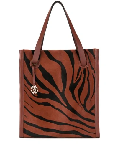 Shop Roberto Cavalli Zebra Stripe Shopper Tote Bag In Brown