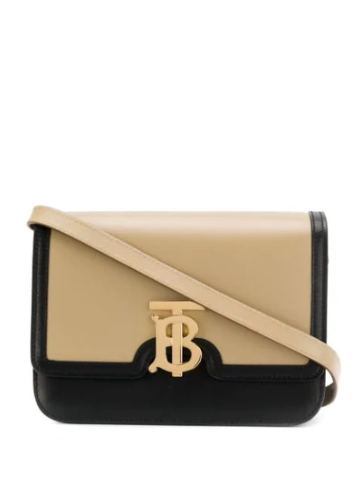 Shop Burberry Small Two-tone Leather Tb Bag In Neutrals