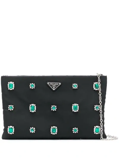 Shop Prada Crystal Flower Clutch Bag In Black