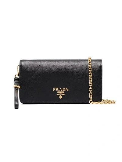 Shop Prada Black Logo Wallet Leather Chain Bag In F0002 Black