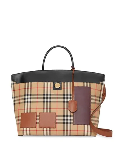 Shop Burberry Vintage Check And Leather Society Top Handle Bag In Neutrals