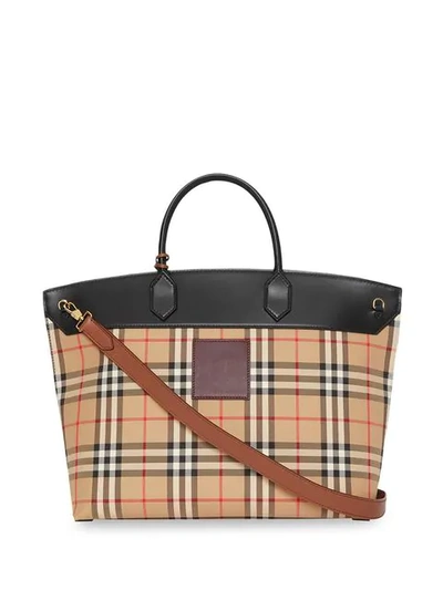 Shop Burberry Vintage Check And Leather Society Top Handle Bag In Neutrals