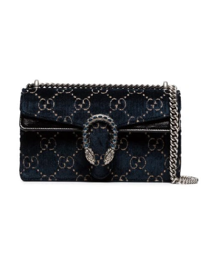 Shop Gucci Dionysus Leather-trimmed Embossed Velvet Bag In Blue