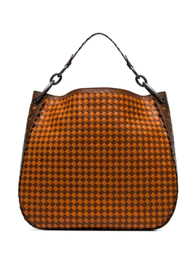 Shop Bottega Veneta Orange And Brown Woven Leather Tote Bag