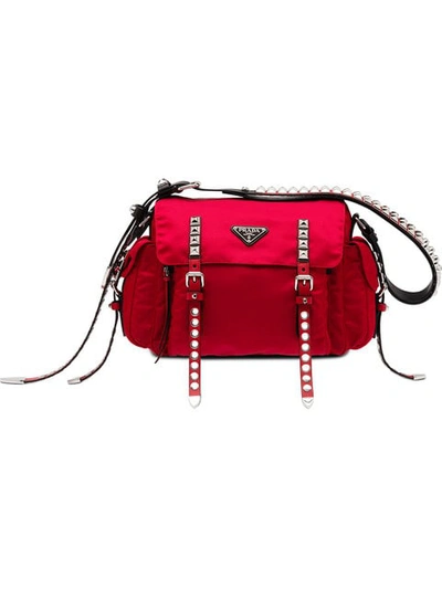 Shop Prada Studded Shoulder Bag In Red