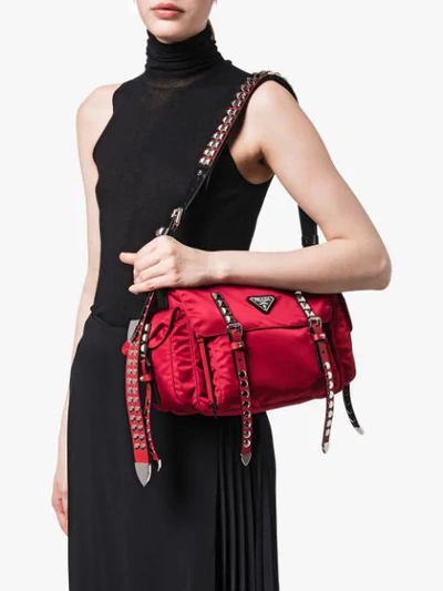 Shop Prada Studded Shoulder Bag In Red