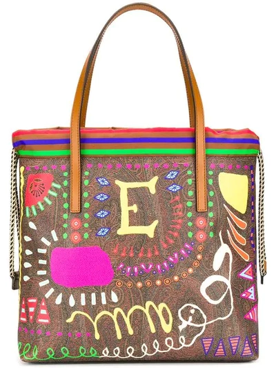 Shop Etro Large Printed Tote Bag In Brown