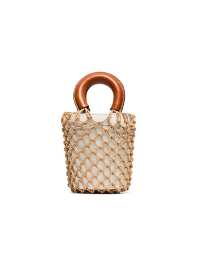 Shop Staud White And Brown Moreau Macrame And Leather Bucket Bag