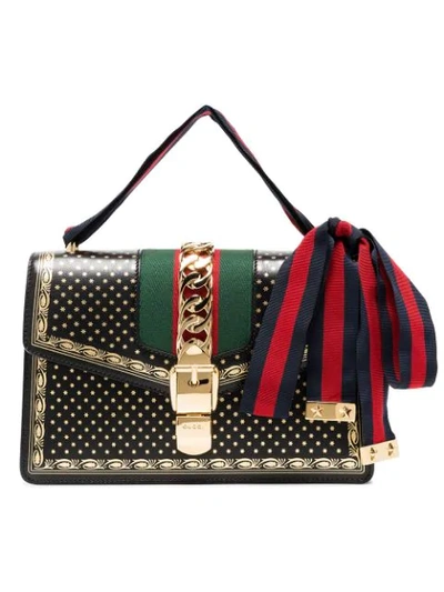 Shop Gucci Black Sylvie Small Stars Print Leather Shoulder Bag