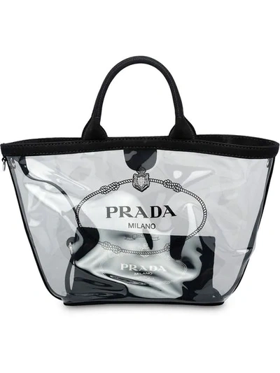 Shop Prada Sheer Logo Tote Bag In Black