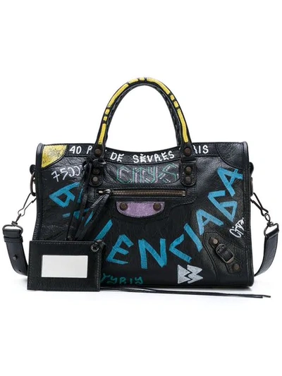 Shop Balenciaga Graffiti City Small Tote In Black