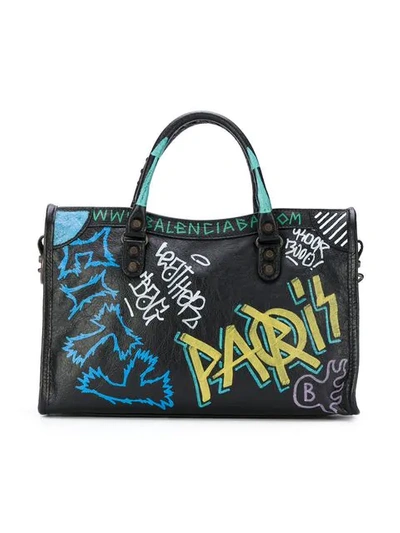 Shop Balenciaga Graffiti City Small Tote In Black