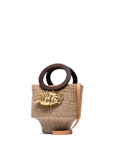 Shop Aranaz Kailei Shell Raffia Bucket Bag In Brown