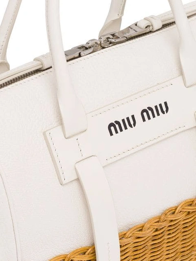Shop Miu Miu Wicker And Madras Bag In White