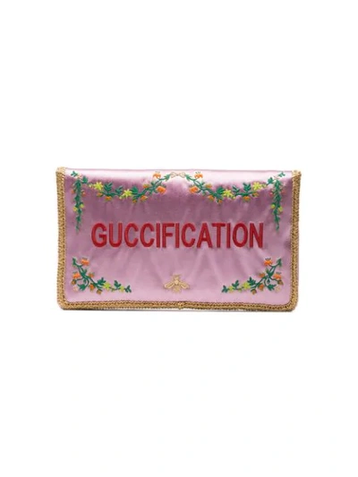 Shop Gucci Multicoloured Broadway Lion Silk Clutch In Pink