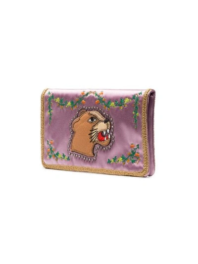 Shop Gucci Multicoloured Broadway Lion Silk Clutch In Pink