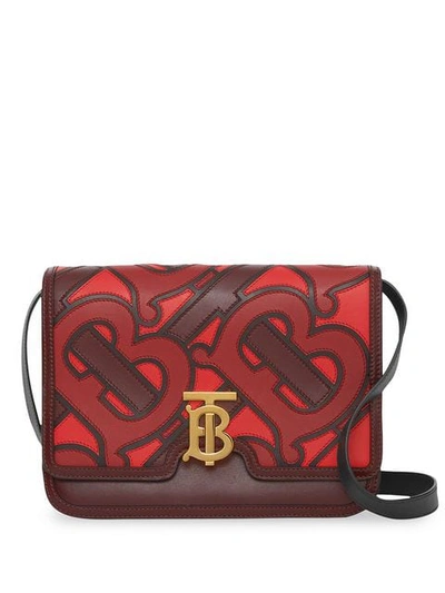 Shop Burberry Medium Monogram Appliqué Leather Tb Bag In Red