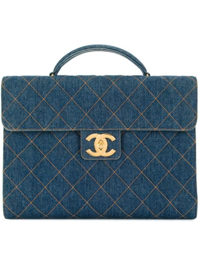 Pre-owned Chanel 1996-1997 Quilted Denim Briefcase Handbag In Blue