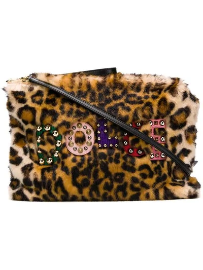 Shop Dolce & Gabbana Leopard Faux Fur Clutch In Brown