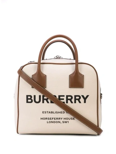 Shop Burberry Medium Horseferry Print Canvas Cube Bag In Neutrals