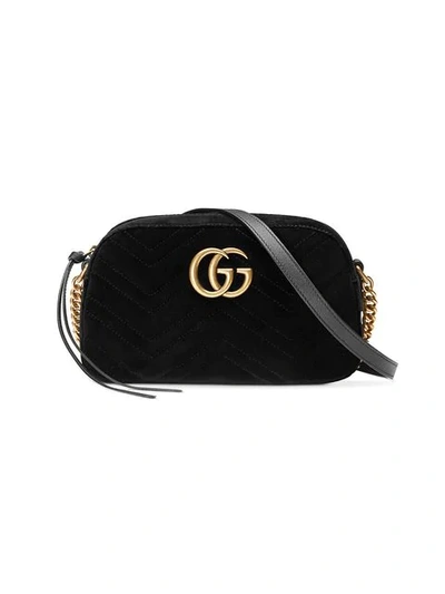 Shop Gucci Black Gg Marmont Velvet Small Shoulder Bag