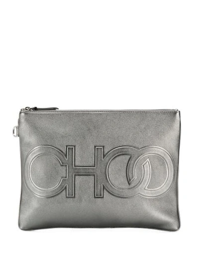 Shop Jimmy Choo Logo Embossed Clutch Bag In Silver