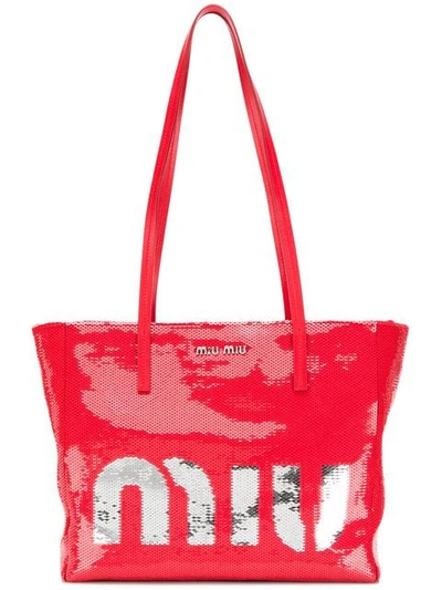 Shop Miu Miu Logo Print Tote In Red