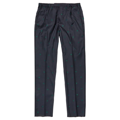 Shop Gucci Navy Embroidered Wool Trousers