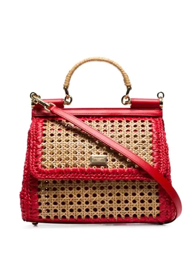 Shop Dolce & Gabbana Red Sicily Raffia And Leather Shoulder Bag