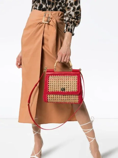 Shop Dolce & Gabbana Red Sicily Raffia And Leather Shoulder Bag
