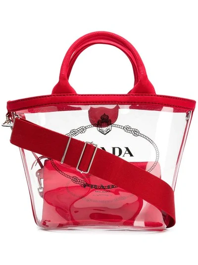 Shop Prada Sheer Logo Tote Bag In Red