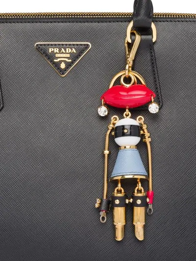 Shop Prada Leather Keychain Trick In Blue ,gold