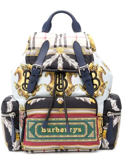 Shop Burberry Multicoloured Logo Archive Scarf Backpack In Blue