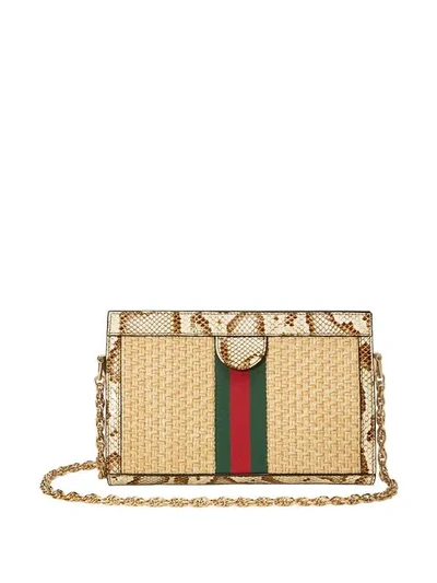 Shop Gucci Ophidia Straw Small Shoulder Bag In Neutrals