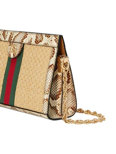 Shop Gucci Ophidia Straw Small Shoulder Bag In Neutrals